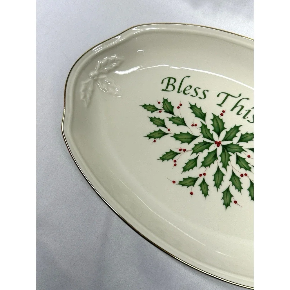 Lenox Holiday Bless This Home Tray Serving Dish-Dimension Collection-Holly Berry
